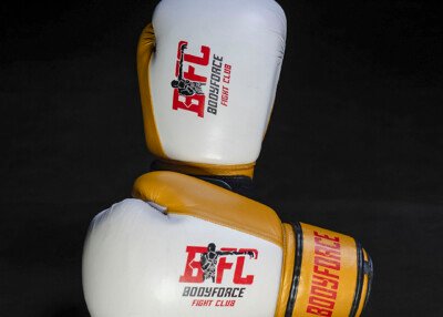 WHITE AND GOLD BFC BOXING GLOVES