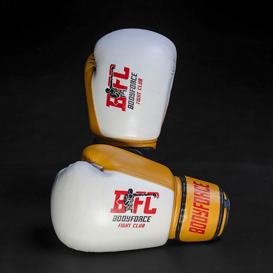 WHITE AND GOLD BFC BOXING GLOVES
